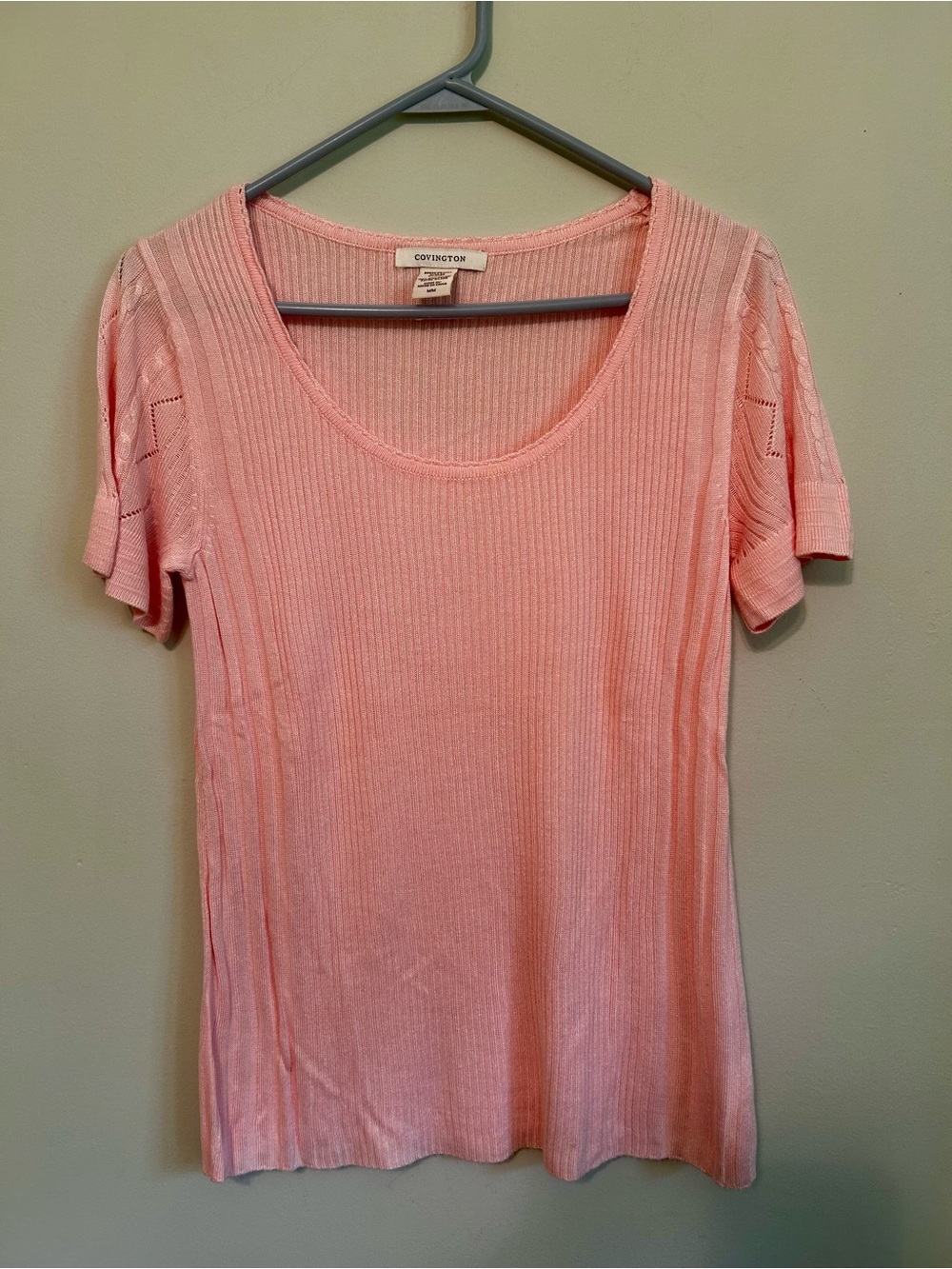 Covington Peach Ribbed Knit Scoop Neck Short Sleeve Top